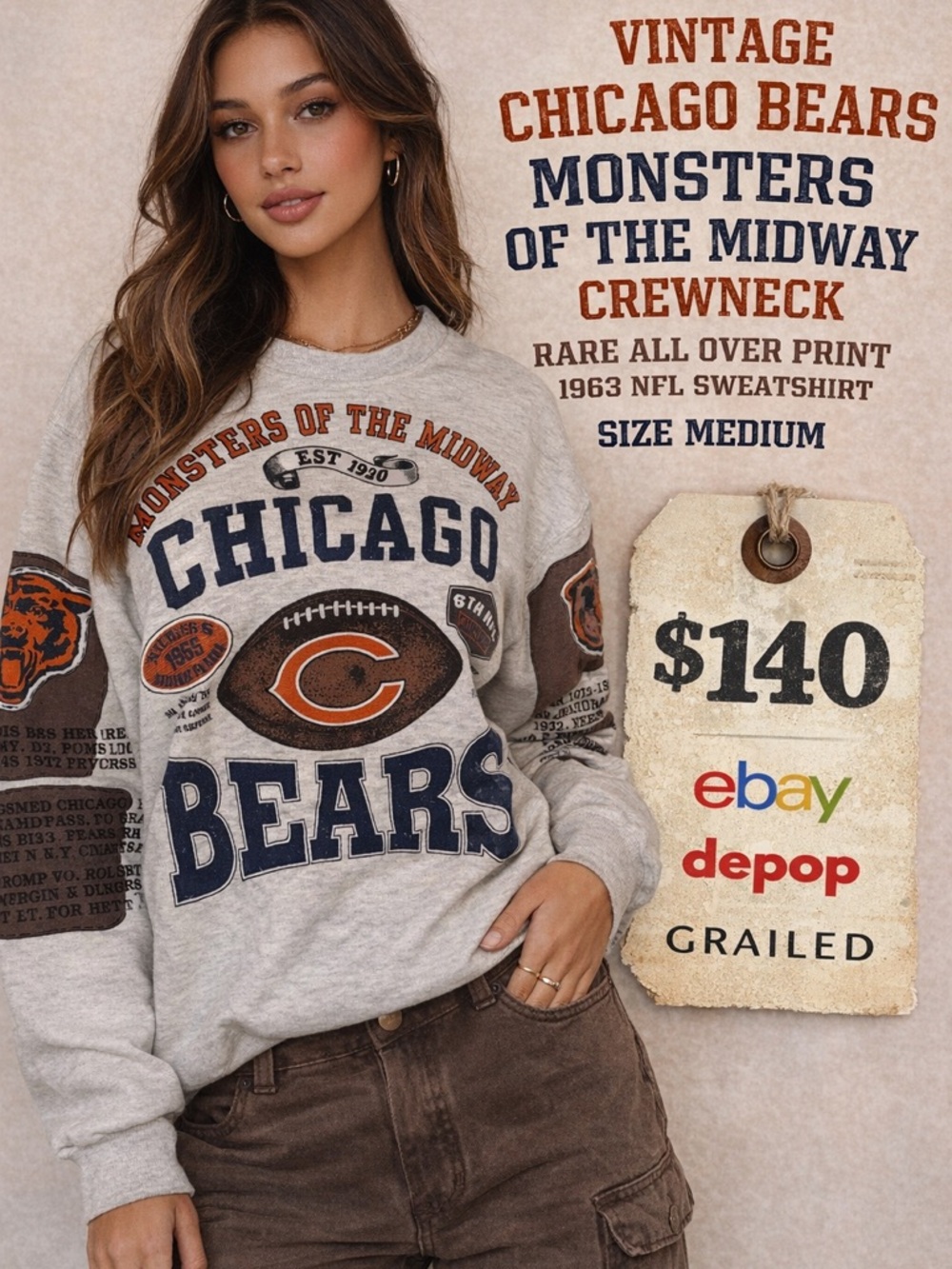 Vintage Chicago Bears Monsters of the Midway Crewneck Sweatshirt 1963 NFL